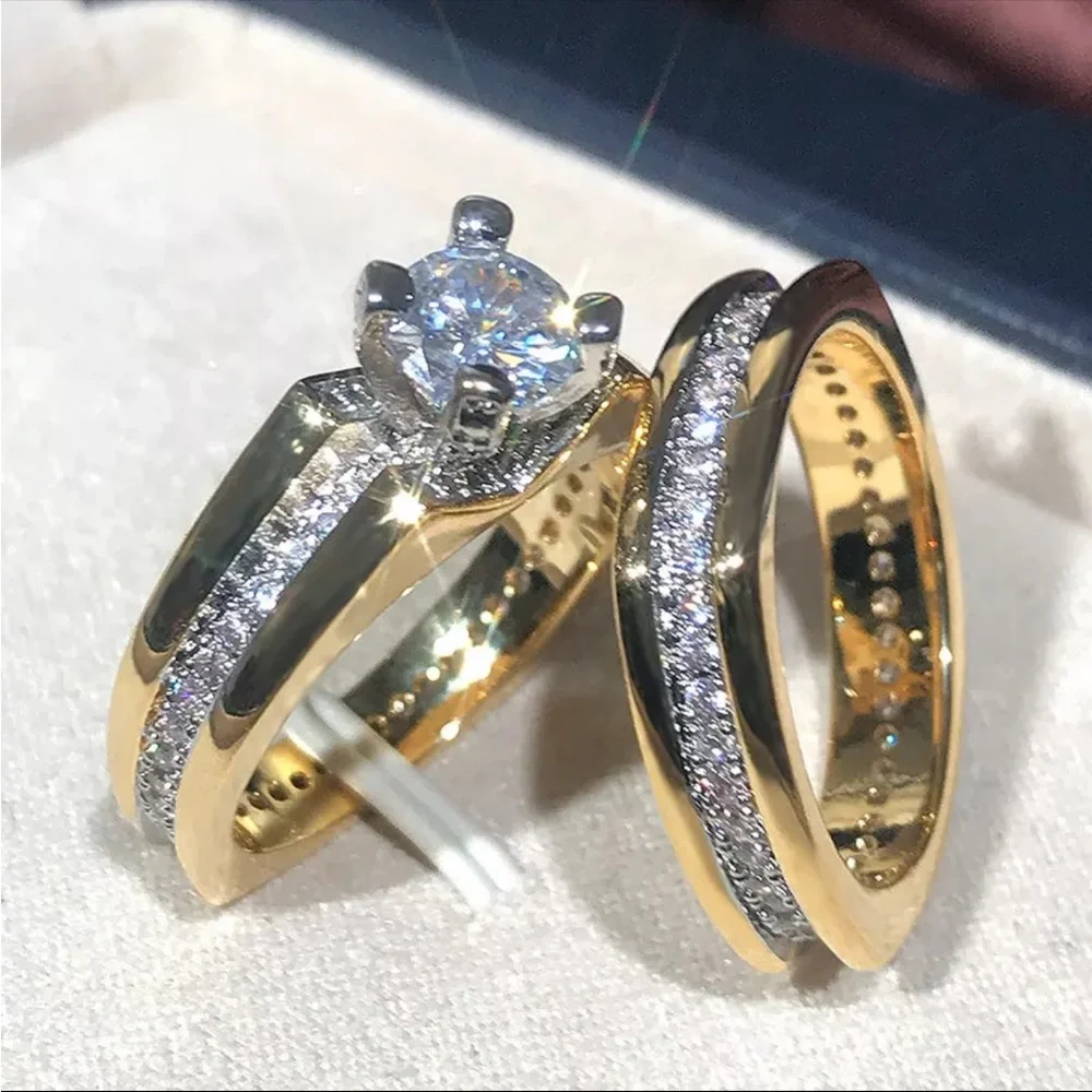 New Yellow Gold Plated Round Diamond 2Pcs Set Engagement Party Rings - Picture 3 of 5